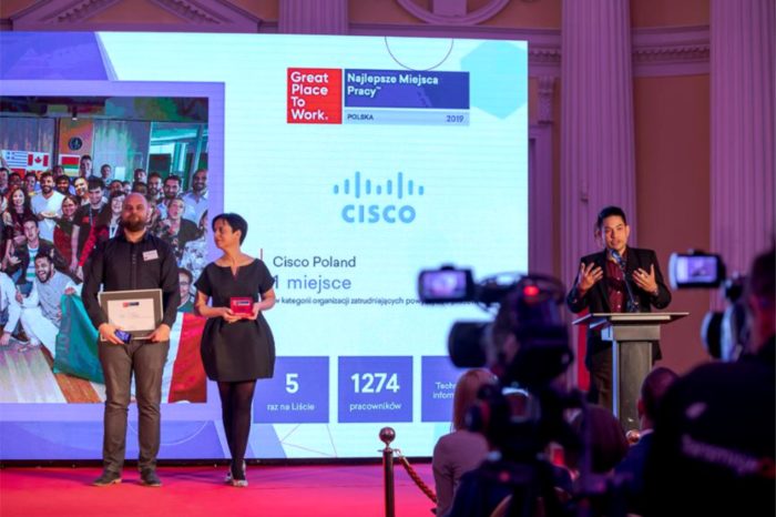 Cisco ponownie najlepszym miejscem do pracy w Polsce - Polski oddział firmy Cisco zajął pierwsze miejsce w rankingu Great Place to Work 2019, w kategorii firm zatrudniających więcej niż 500 osób.